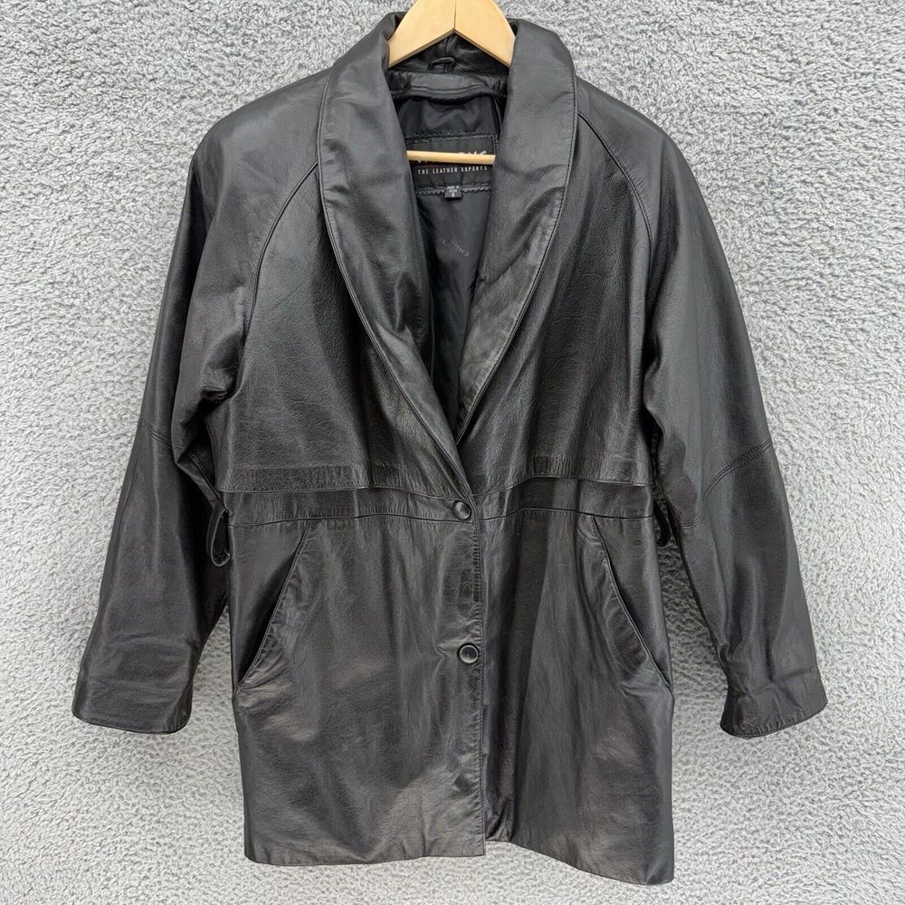Vintage Wilsons Leather Black‎ Womens Small 2 Button Trench Coat Jacket NO BELT